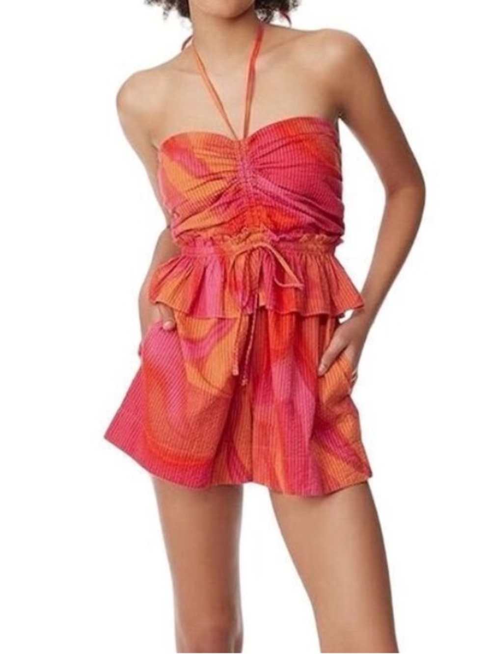 Circus NY Elyse Halter Pink/Orange Sleeveless Ruffle Mini Romper Size Medium